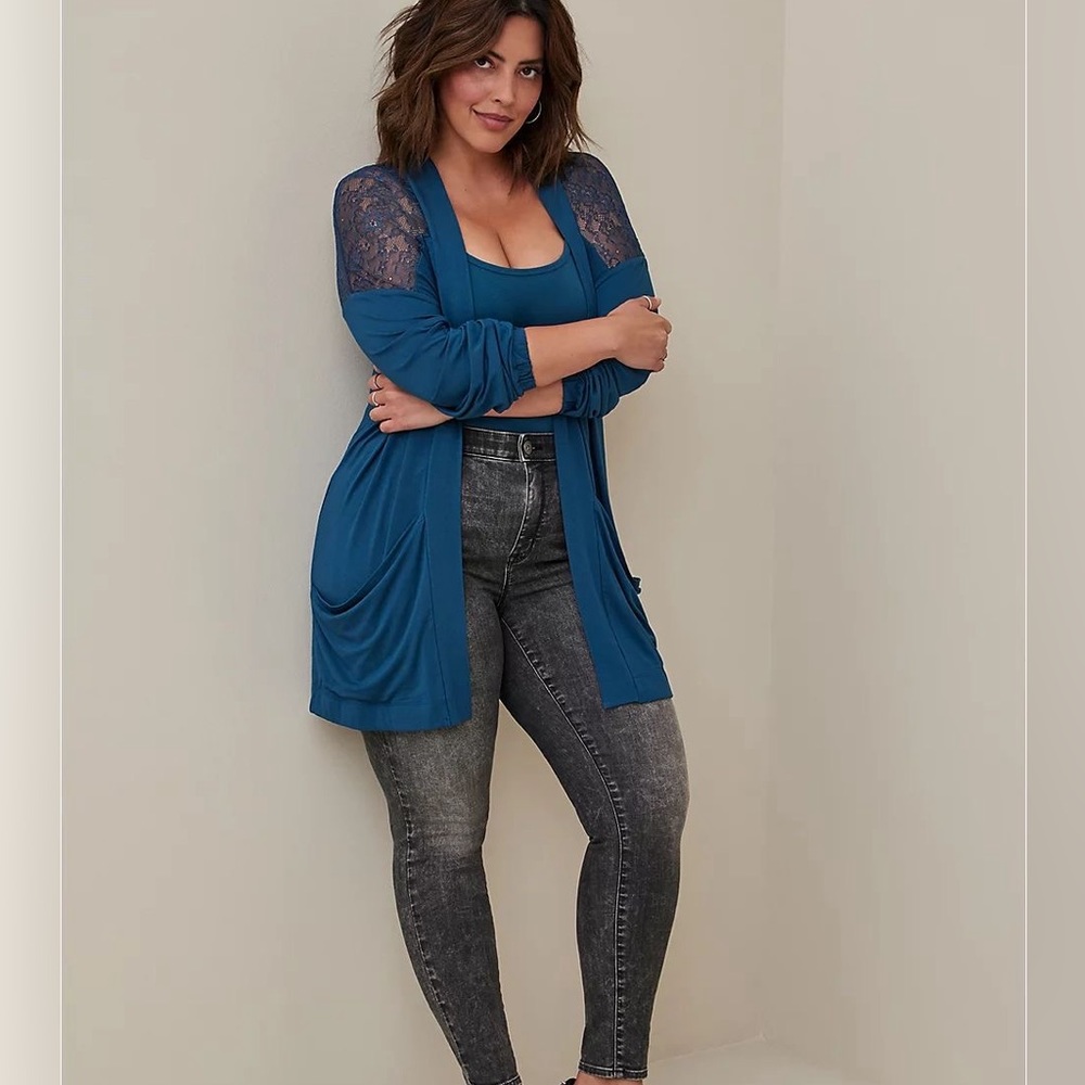 Torrid Teal Super Soft Cardigan Lace Yoke Open Front Size 00